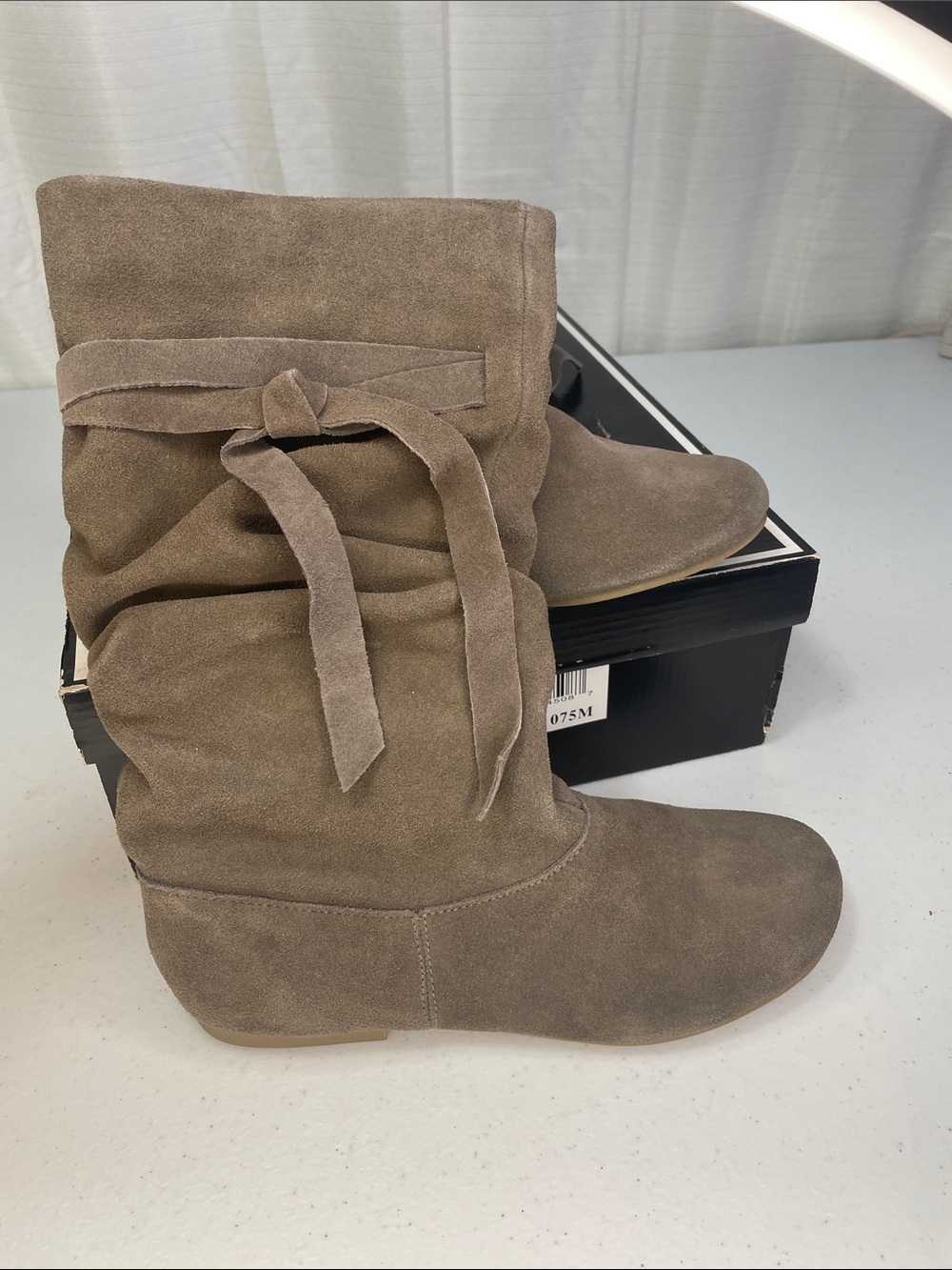 MIA Taupe Suede Slouch Boot with Tie Accent